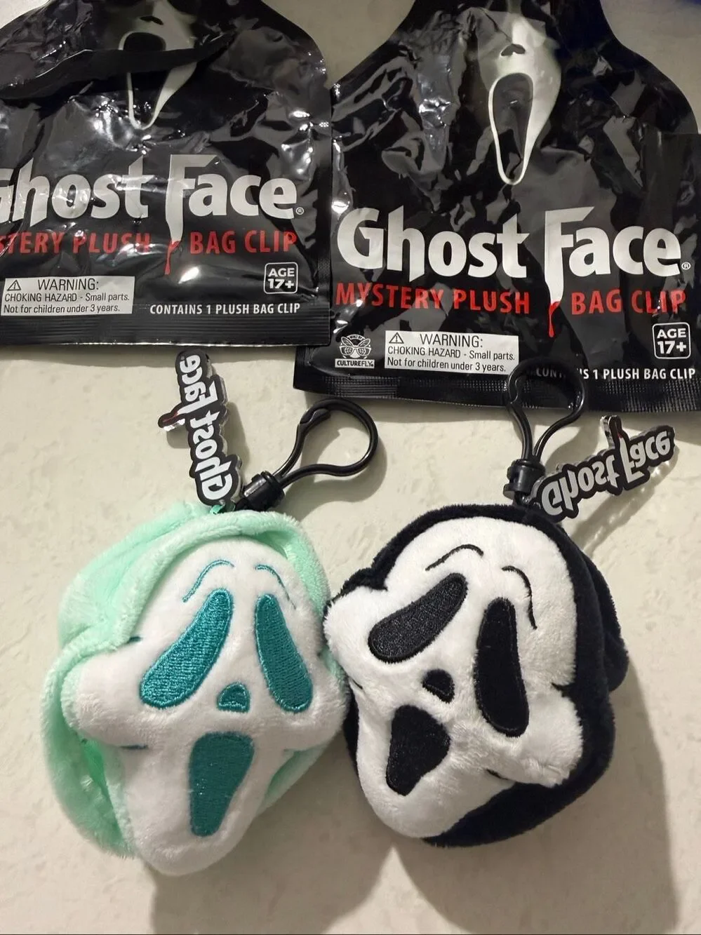 Culture Fly Ghost Face Set of 2 Plush Keychain Heads Blue and Black New